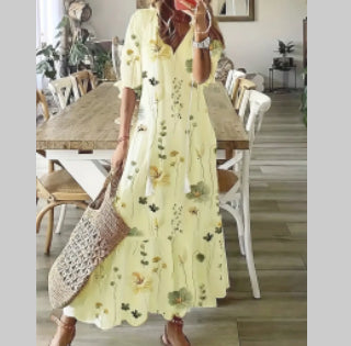 Bohemian V-Neck Floral Maxi Dress with Tassel Accents