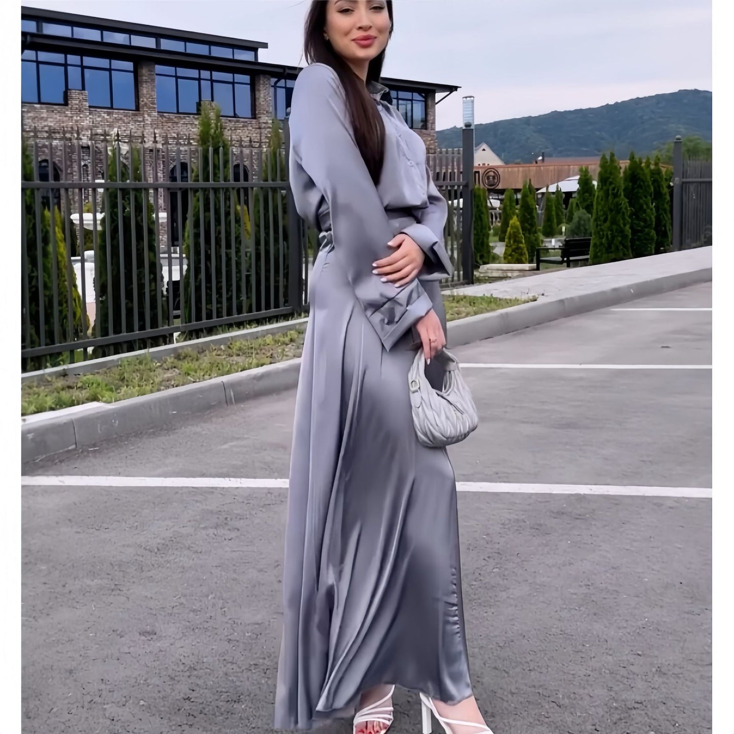 Silver Gray Soft Satin Long Sleeve Shirt & A-Line Skirt Set