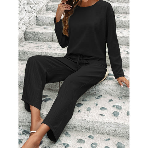 Chic Plaid Embossed Two-Piece Set | Tailored Long Sleeve Top & Trousers