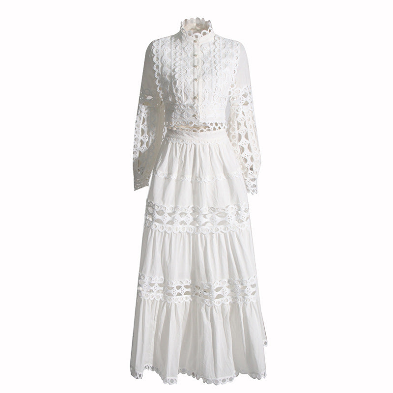 Lace Collar Retro High-Waist Skirt Two-Piece Set