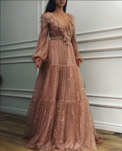 V-neck Sequin Dress With Big Swing Long Dress