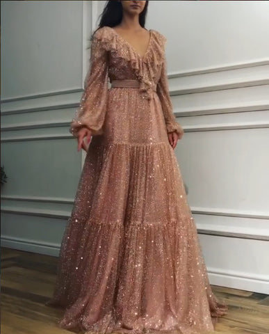 V-neck Sequin Dress With Big Swing Long Dress