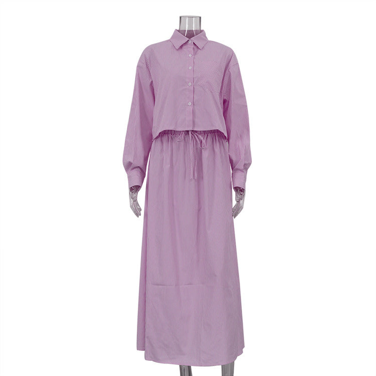 Pink Striped Lapel Shirt & Large Swing Skirt Set