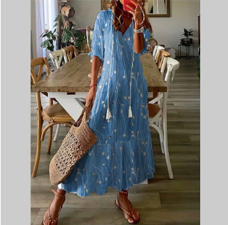 Bohemian V-Neck Floral Maxi Dress with Tassel Accents