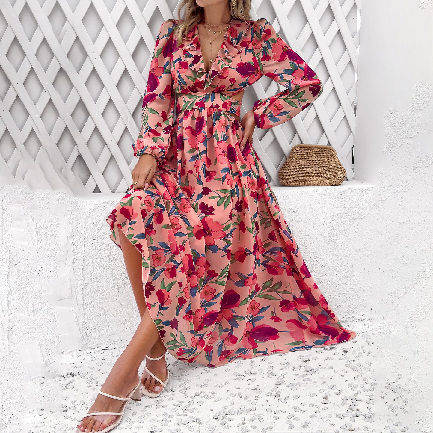 Tropical Floral Lantern-Sleeve Mini Dress with Cinched Waist