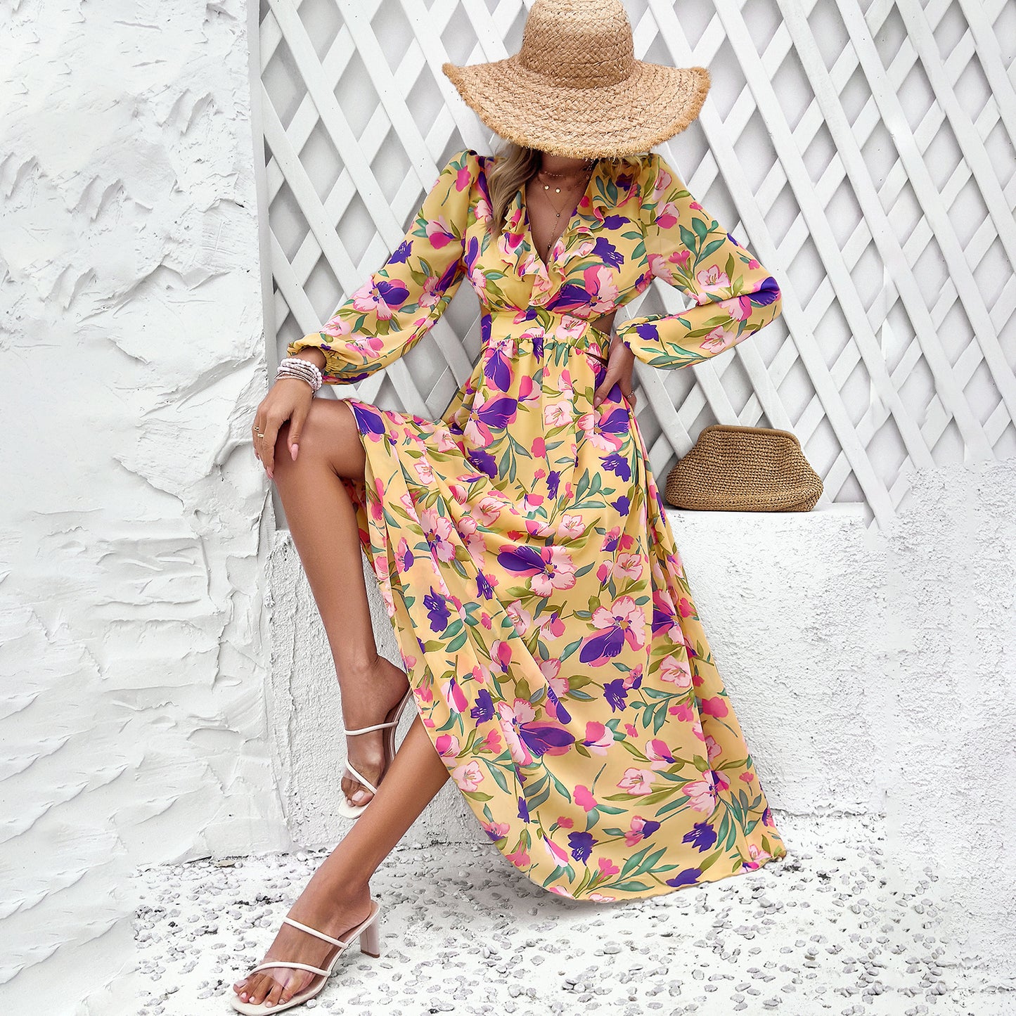 Tropical Floral Lantern-Sleeve Mini Dress with Cinched Waist