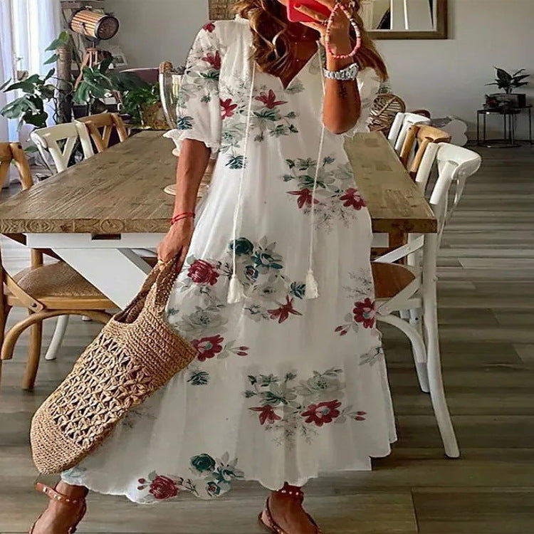 Bohemian V-Neck Floral Maxi Dress with Tassel Accents