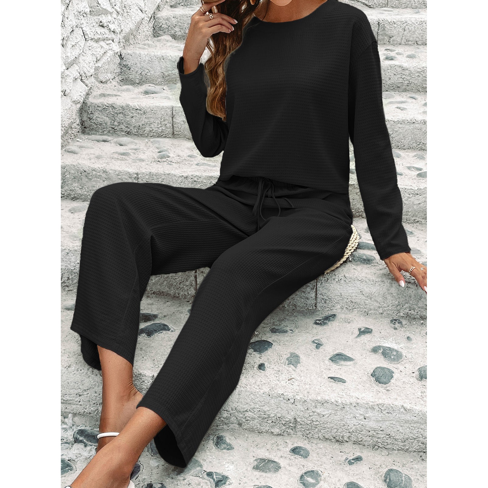 Chic Plaid Embossed Two-Piece Set | Tailored Long Sleeve Top & Trousers