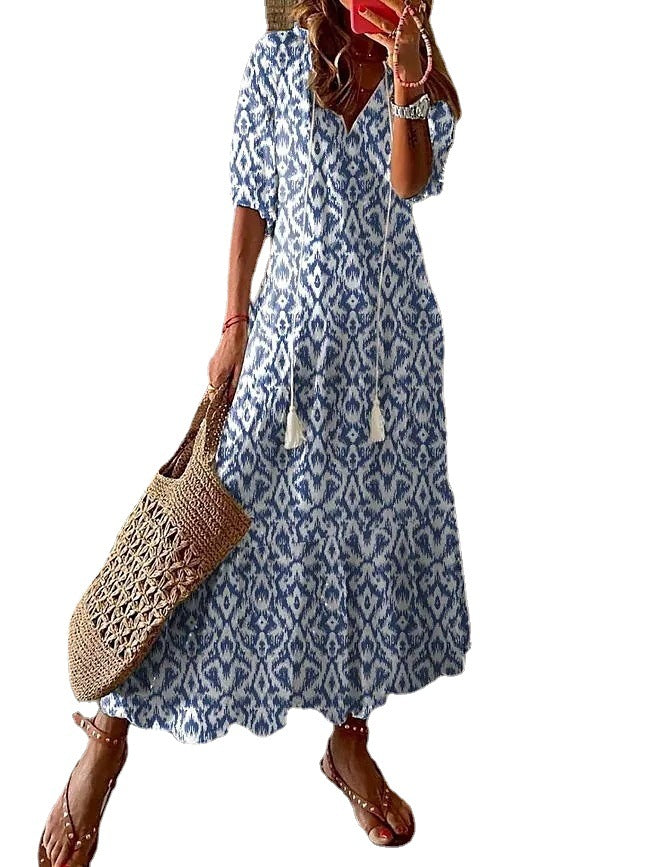 Bohemian V-Neck Floral Maxi Dress with Tassel Accents