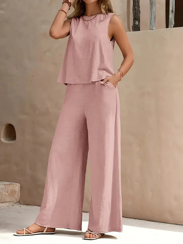Summer Bliss Cotton Linen Set | Sleeveless Airy Top & Wide-Leg Trousers