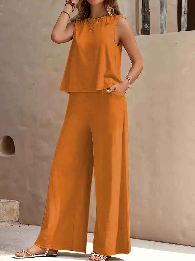 Summer Bliss Cotton Linen Set | Sleeveless Airy Top & Wide-Leg Trousers