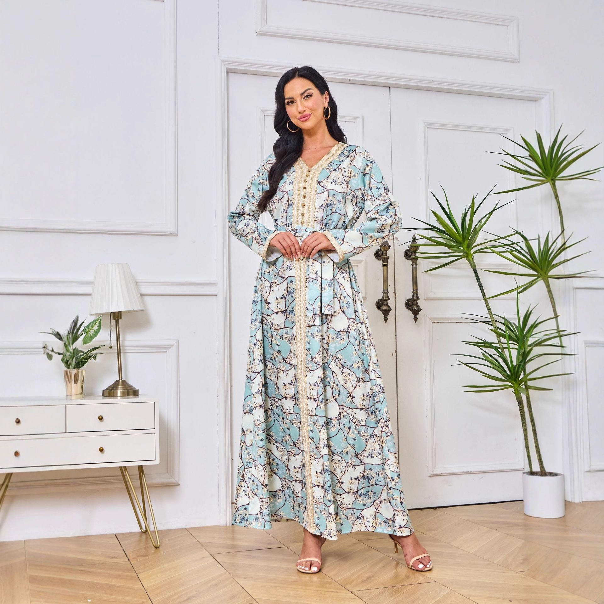 Abaya with printed Hot-stone And Embroidered Detailing