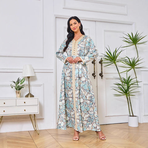Abaya with printed Hot-stone And Embroidered Detailing