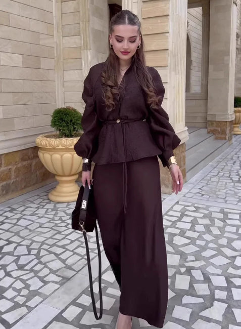 Brown V-Neck Cardigan & High-Waist Skirt Two-Piece Set