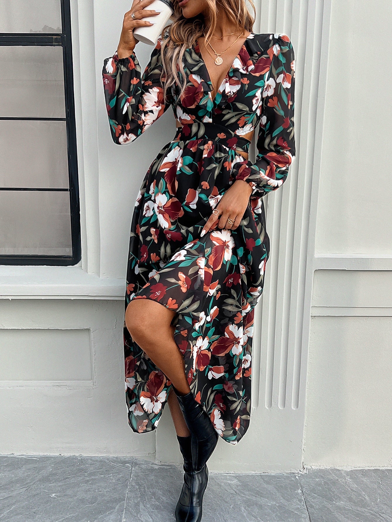 Tropical Floral Lantern-Sleeve Mini Dress with Cinched Waist