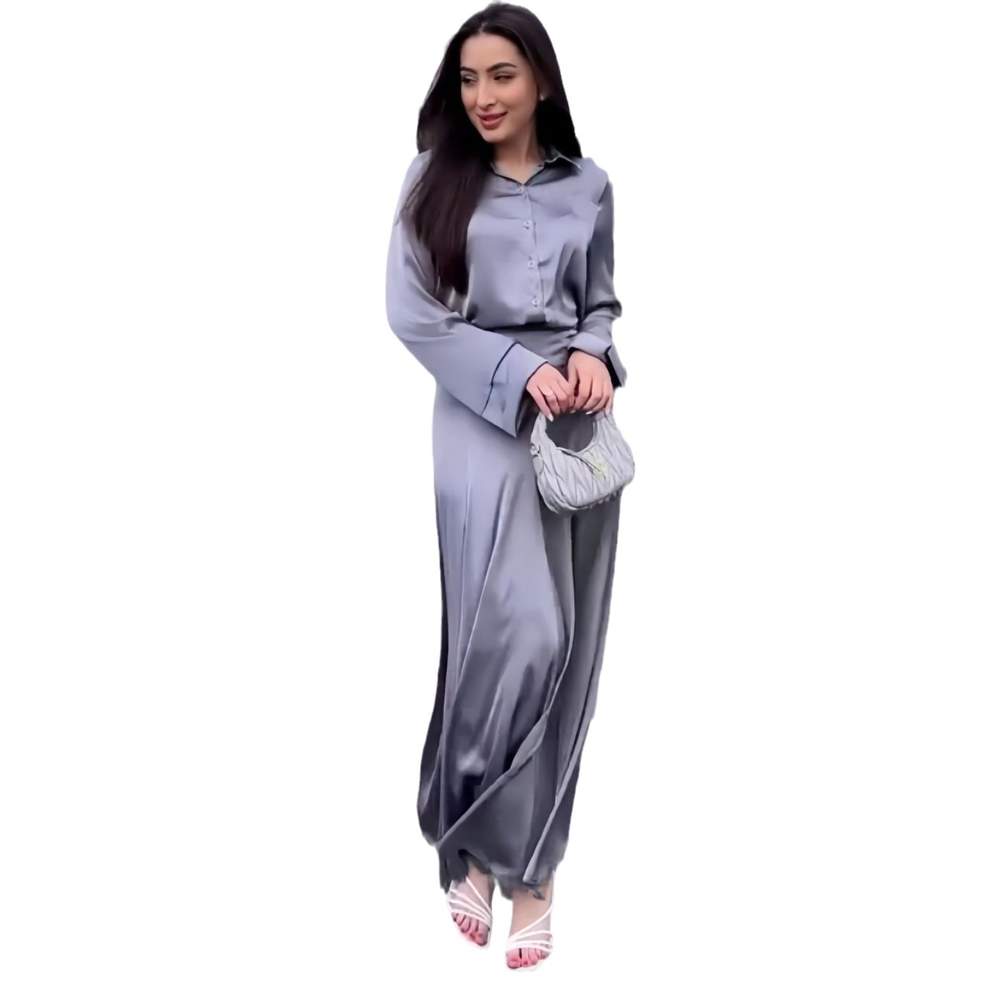 Silver Gray Soft Satin Long Sleeve Shirt & A-Line Skirt Set