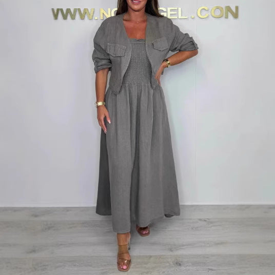 Short Cardigan & Suspender Dress Two-Piece Set