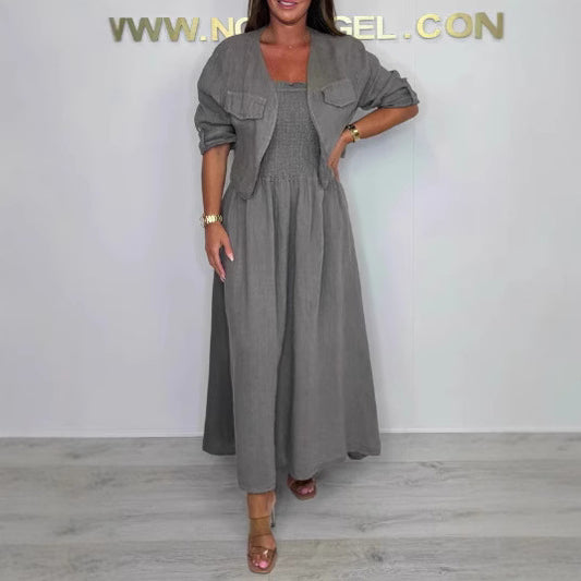 Short Cardigan & Suspender Dress Two-Piece Set