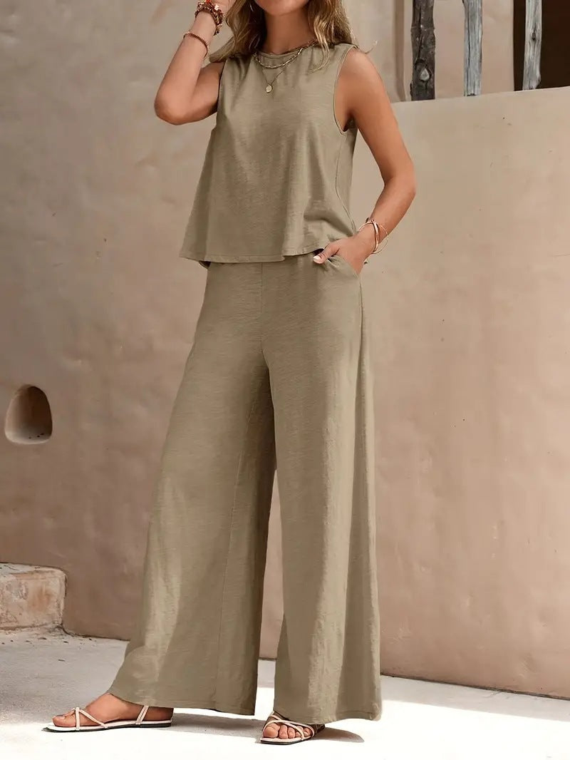 Summer Bliss Cotton Linen Set | Sleeveless Airy Top & Wide-Leg Trousers