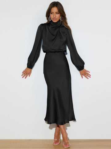 Elegant Temperament Long-sleeved Dress Satin Halterneck Formal Evening Dresses Women Clothing
