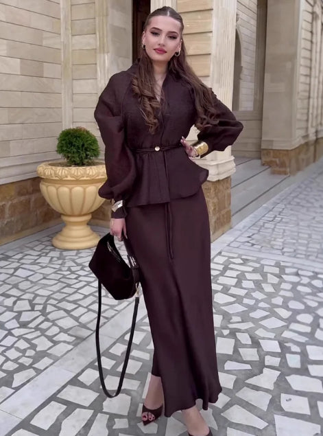 Brown V-Neck Cardigan & High-Waist Skirt Two-Piece Set