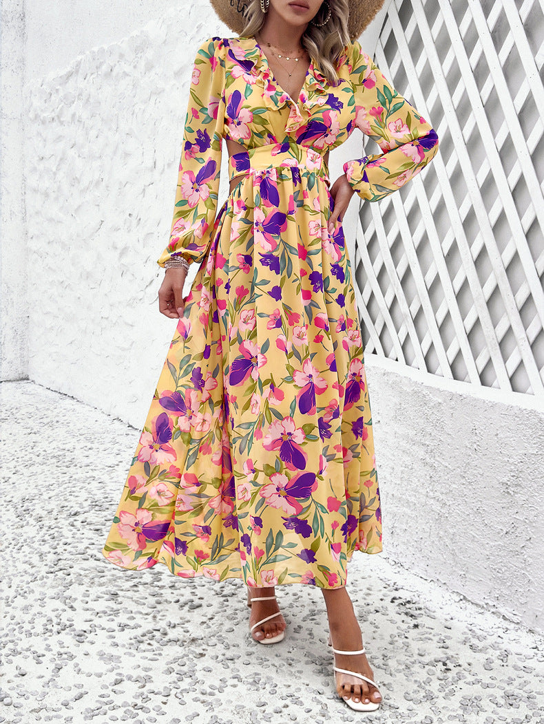 Tropical Floral Lantern-Sleeve Mini Dress with Cinched Waist