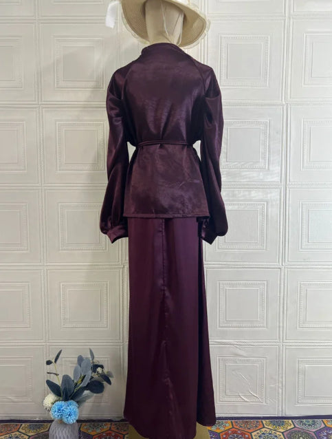 Brown V-Neck Cardigan & High-Waist Skirt Two-Piece Set