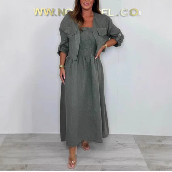 Short Cardigan & Suspender Dress Two-Piece Set