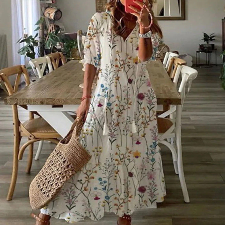 Bohemian V-Neck Floral Maxi Dress with Tassel Accents