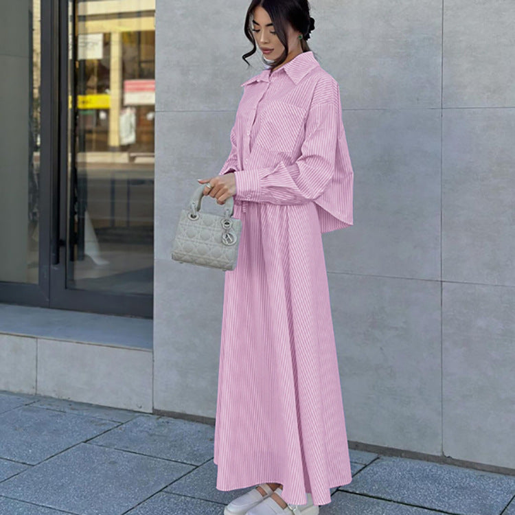 Pink Striped Lapel Shirt & Large Swing Skirt Set