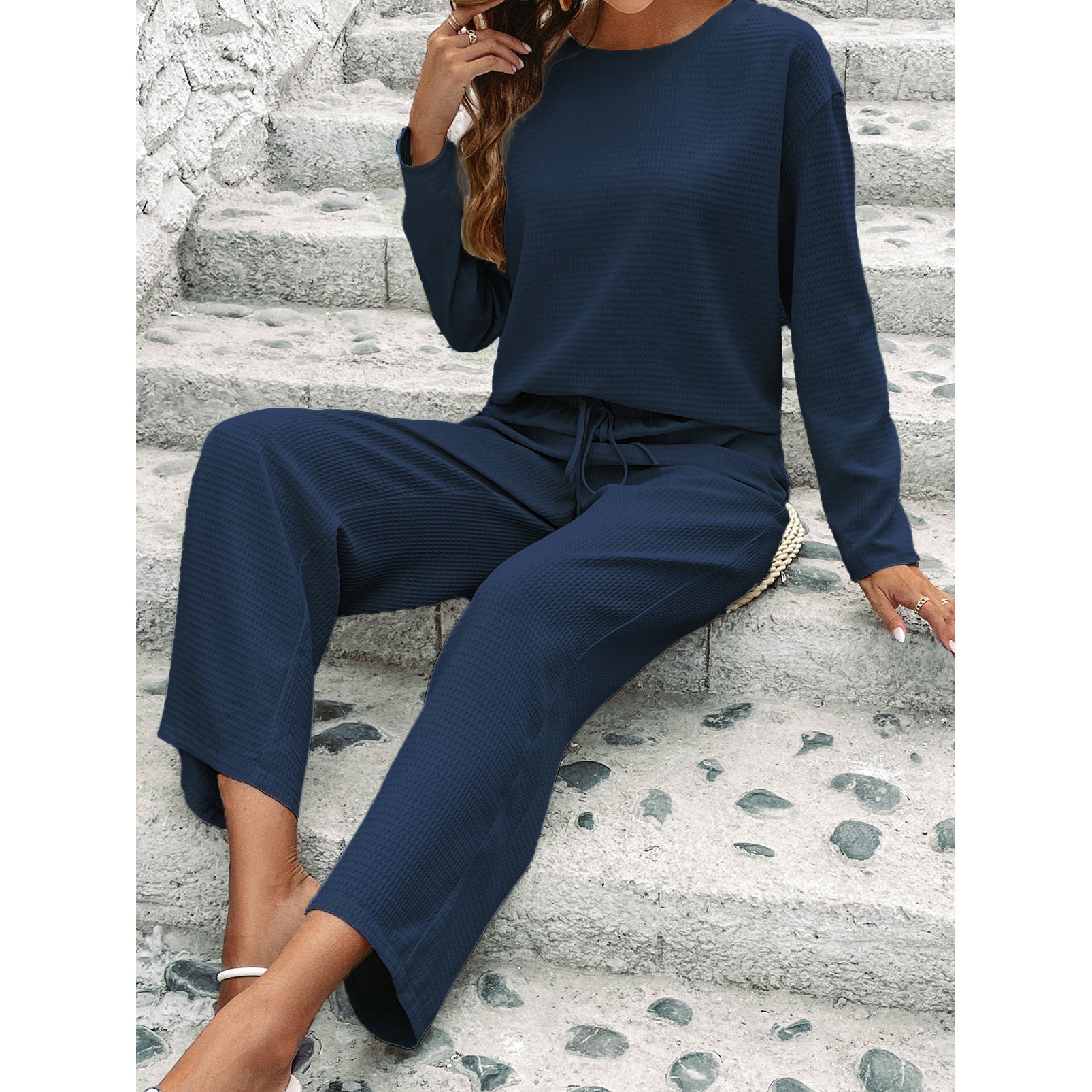 Chic Plaid Embossed Two-Piece Set | Tailored Long Sleeve Top & Trousers