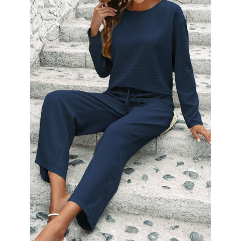 Chic Plaid Embossed Two-Piece Set | Tailored Long Sleeve Top & Trousers