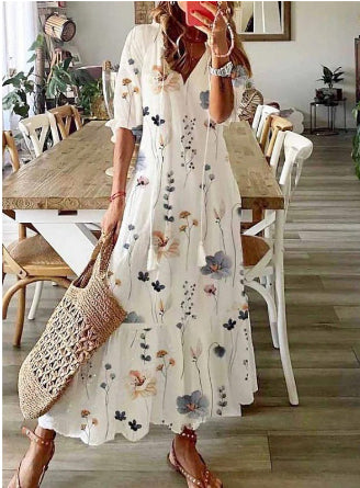 Bohemian V-Neck Floral Maxi Dress with Tassel Accents