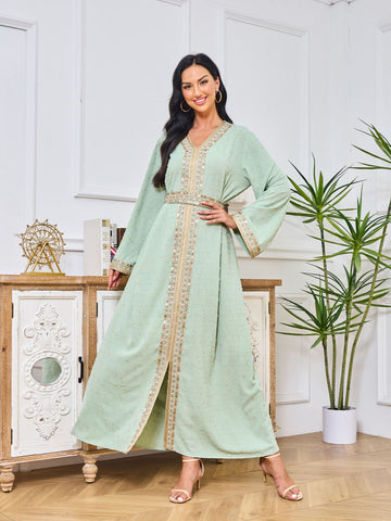 Abaya with printed Hot-stone And Embroidered Detailing