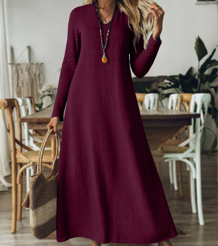 Loose Slim-fit Solid Color Long Sleeve Maxi Dress