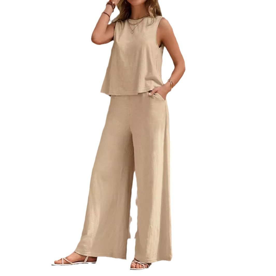 Summer Bliss Cotton Linen Set | Sleeveless Airy Top & Wide-Leg Trousers