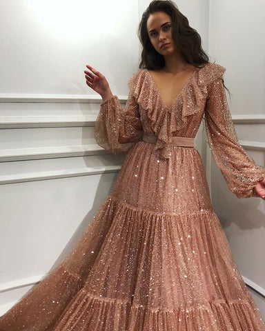 V-neck Sequin Dress With Big Swing Long Dress