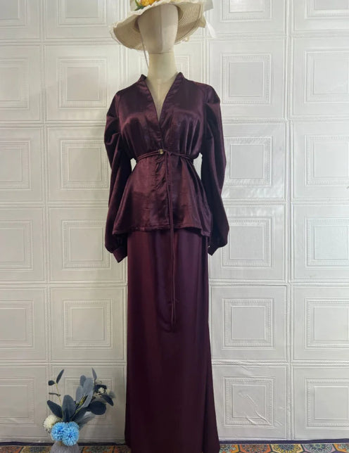 Brown V-Neck Cardigan & High-Waist Skirt Two-Piece Set