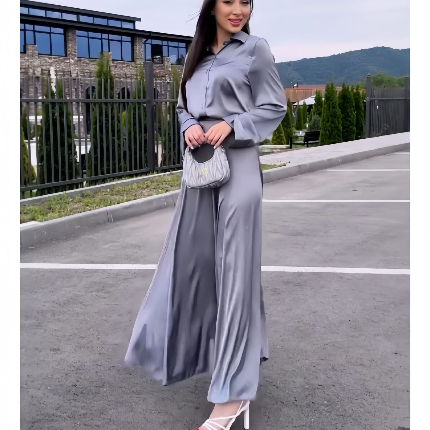 Silver Gray Soft Satin Long Sleeve Shirt & A-Line Skirt Set