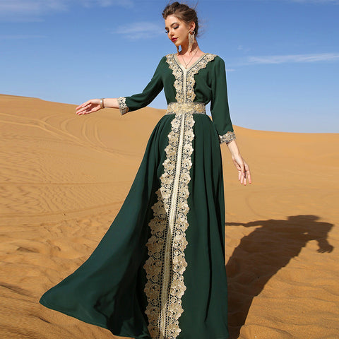 Dark Green Embroidered Lace Abaya