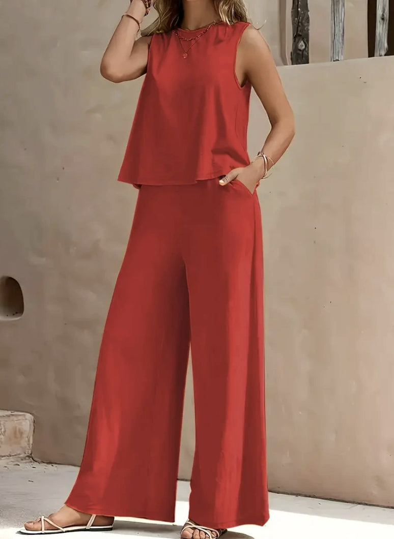 Summer Bliss Cotton Linen Set | Sleeveless Airy Top & Wide-Leg Trousers