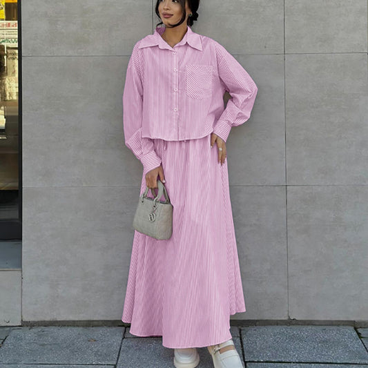 Pink Striped Lapel Shirt & Large Swing Skirt Set