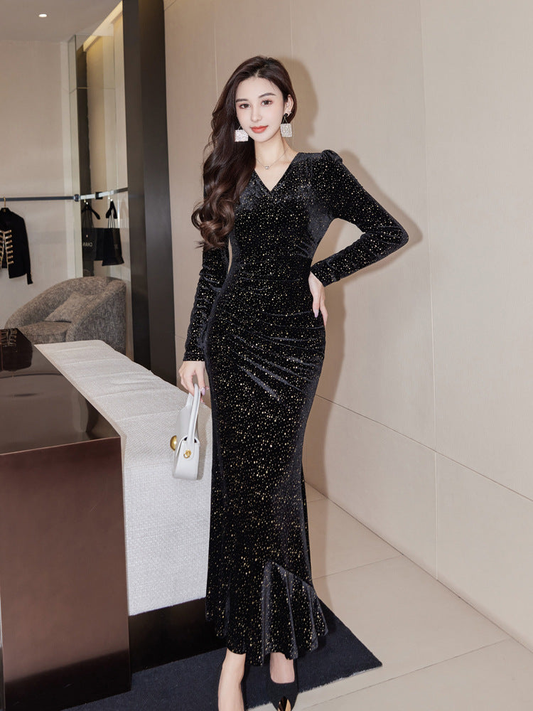 Elegant Waist Slim Slim Sequin Ladies Dress