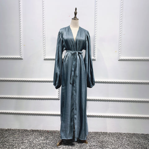 Eid Muslim Abaya Dress Kimono For Women Fashion Shining Silklike Summer Abayas Cardigan Puff Sleeve Dubai Turkey Clothes