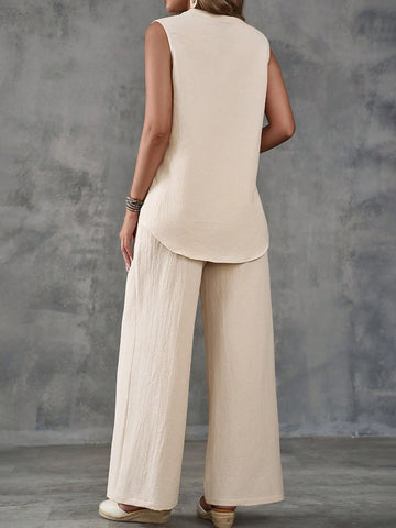 Women Sleeveless Textured Vest And Wide-Leg Button Front Pants Set