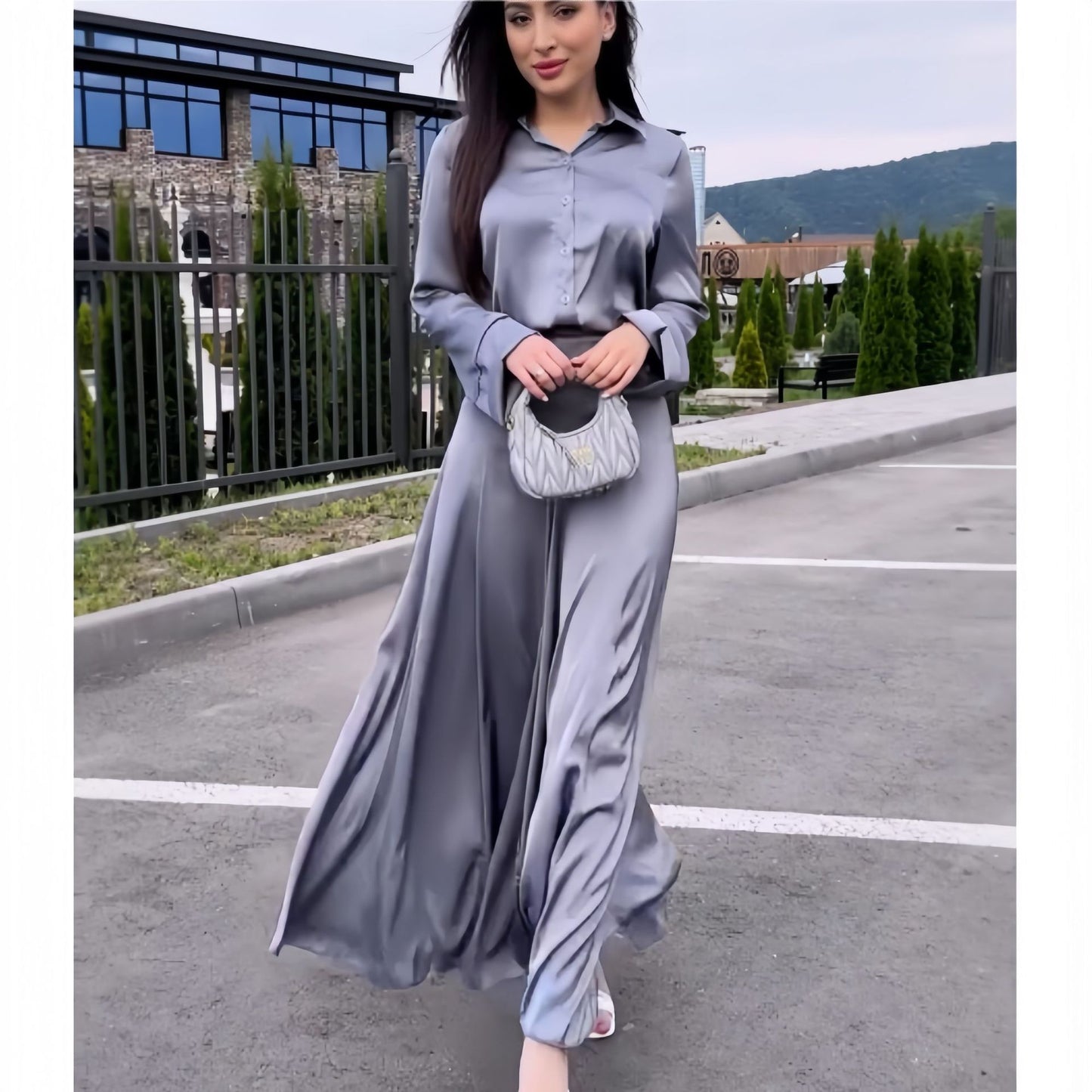 Silver Gray Soft Satin Long Sleeve Shirt & A-Line Skirt Set