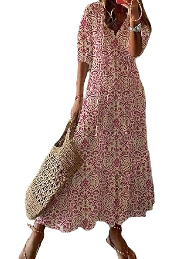 Bohemian V-Neck Floral Maxi Dress with Tassel Accents