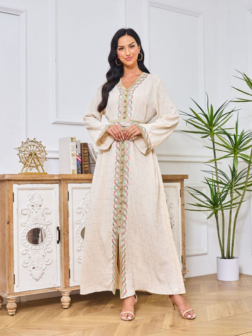 Abaya with printed Hot-stone And Embroidered Detailing