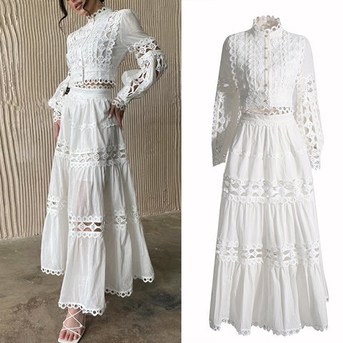 Lace Collar Retro High-Waist Skirt Two-Piece Set