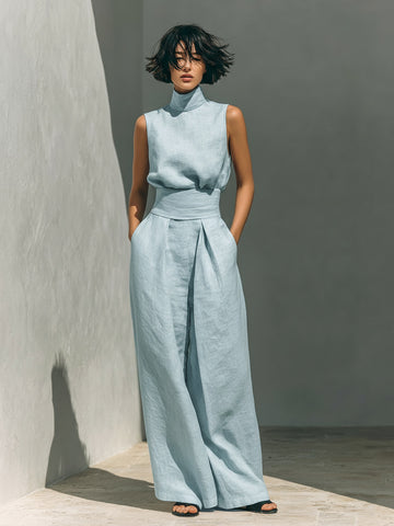 Womens Cotton-Linen Blend Sleeveless Top And Wide-Leg Pants Set